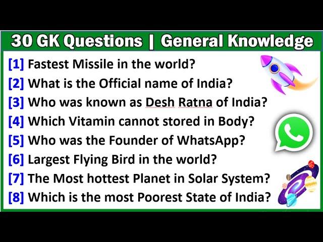 30 India GK Questions and Answers | General Knowledge Question Answer for student | Gk Quiz