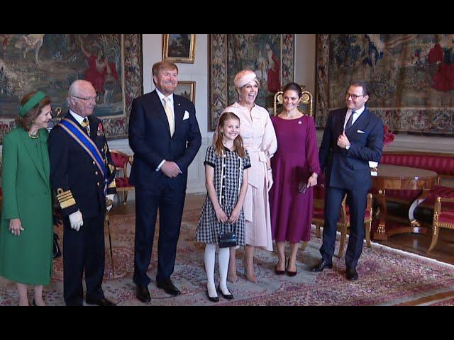 Carl Gustaf, Victoria, Estelle en co verwelkomen Willem-Alexander en Máxima