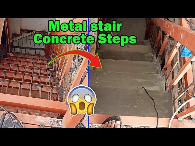 Metal stair using angle bar with concrete steps.