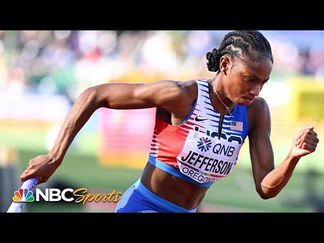 Team USA women crush 4x100 heat, setting up showdown with Jamaica in final | NBC Sports