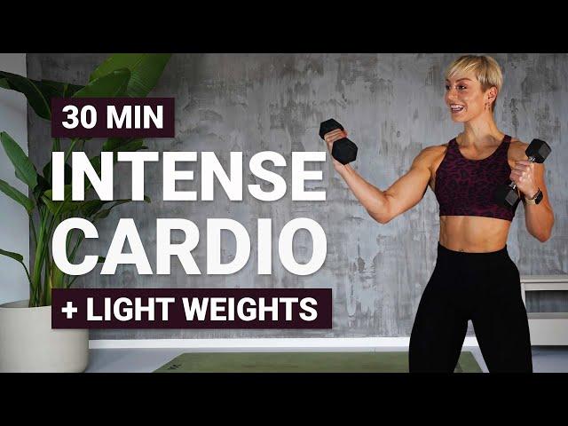 30 MIN INTENSE CARDIO + LIGHT WEIGHTS |  Dumbbell Full Body Workout | Super Sweaty | With Repeat