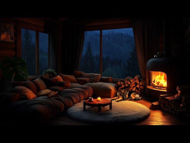 Thunderstorm at Night - Cozy Log Cabin Living Room, Fireplace & Sleeping Pets