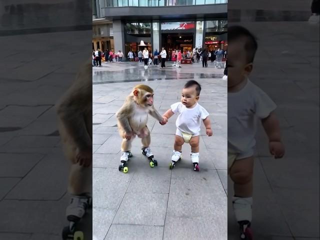 The little monkey is having so much fun playing with baby  #baby #monkey #shorts