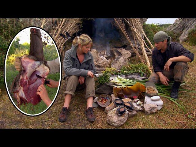 Couple Wrests Food from Ferocious Beasts and Cooks a Feast in Their Luxurious Self-Built Shelter.