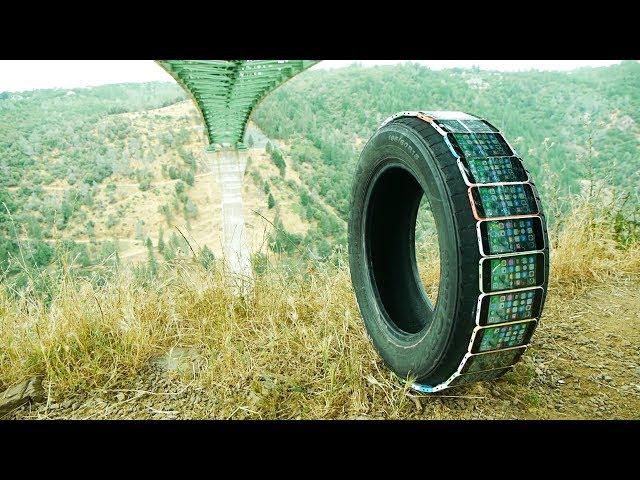 How Many iPhones Will Survive in Tire Rolling Down Cliff?