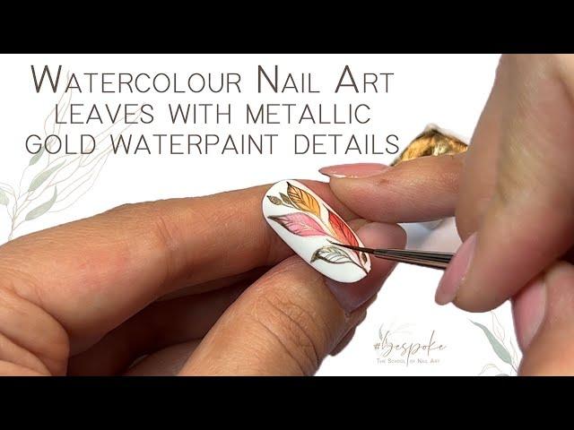 TUTORIAL  I  Watercolour/Aquarelle nail art leaves with metallic gold water-paint details.