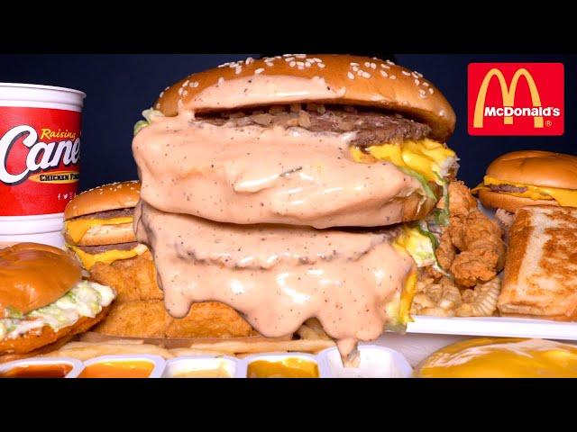 ASMR MUKBANG EXTRA BIG MAC BURGERS WITH CANES SAUCE, CRISPY CHICKEN & MCDONALDS FRIES!