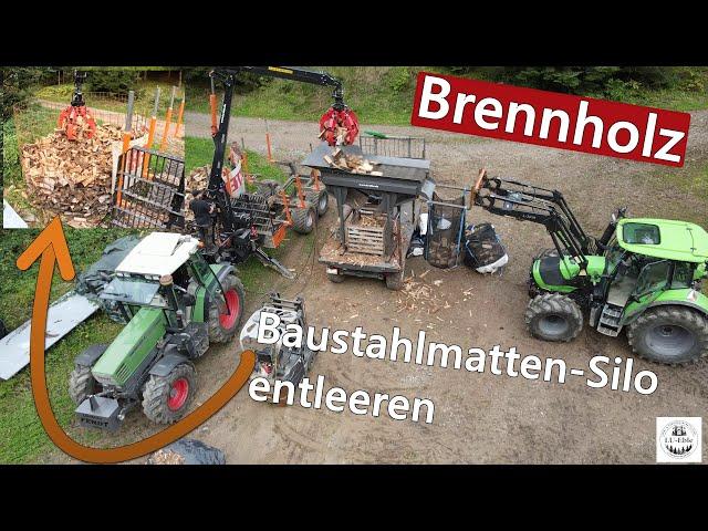 Brennholz Baustahlmatten-Silo mit Polypgreifer und Rückewagen entleeren | BMF14T2Pro - Fendt 511C