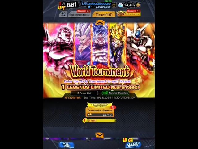 63 Tickets = 5 LF Guaranteed Summons #dblegends #dragonball #gohan #broly #vegito #dbs #gogeta #free