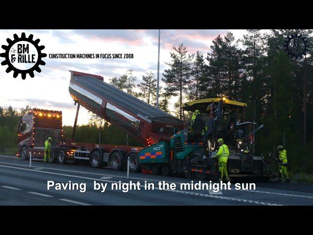 Paving by night in the midnight sun , Vögele paver and Scania & Volvo Trucks
