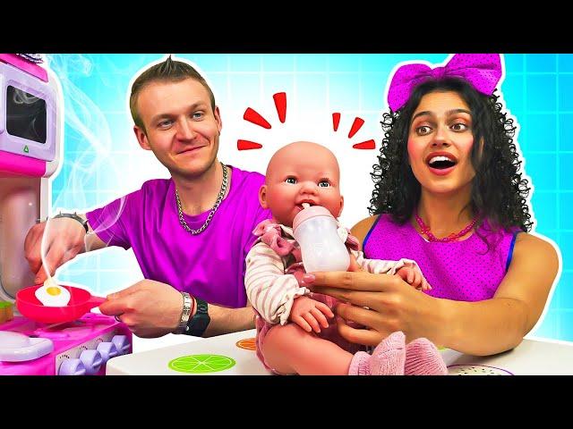 Feeding baby doll & pretend play cooking toy food for dolls. Family-fun video for kids.