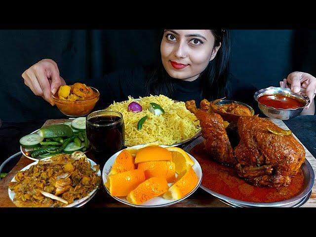 Bangali Girl Eating Full Chicken Roast+Salmon fish curry+Malta+Drinks+Pluse Buna+Yellow Rice Eating