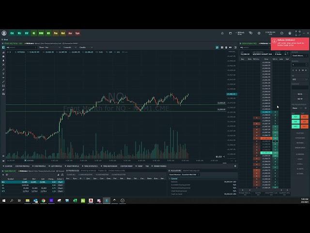 Quantower chart and DOM trading order entry