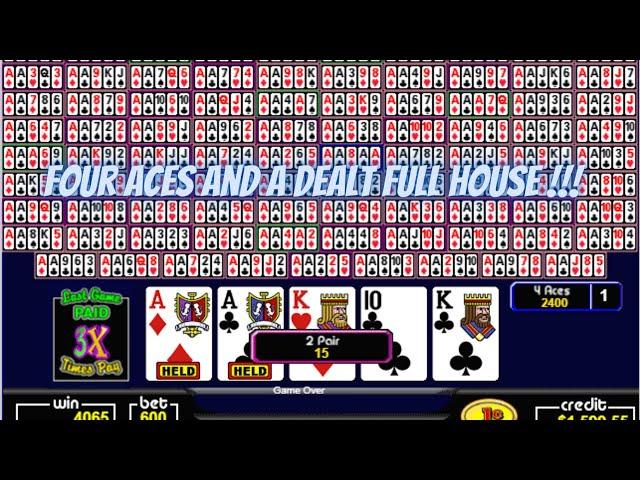 100 play video poker super times pay 4 aces and a dealt full house !! (not real)