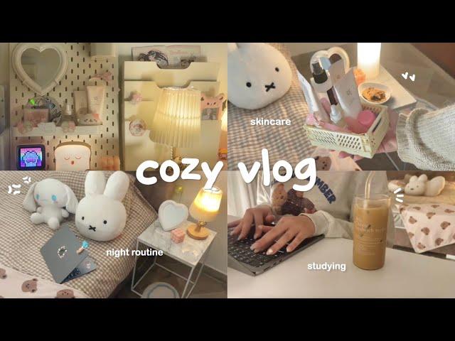 cozy study vlog  pulling an all nighter, cooking ramen, cute & cozy night routine, skincare routine