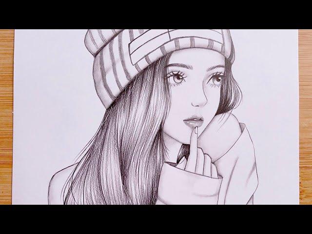 Easy step by step drawing tutorial || A girl wearing a winter hat || Pencil Sketch for beginners