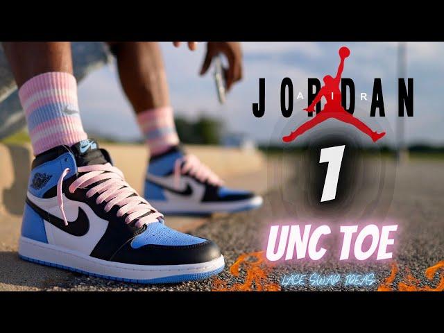 JORDAN 1 UNC TOE ON FEET WITH CRAZY ALTERNATE LACE SWAP OUTFIT IDEA & OVERVIEW!!