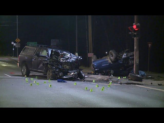 Man dies, truck flips onto roof after two-vehicle crash in Cowichan Valley