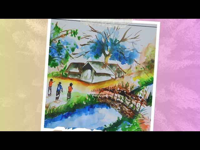 How to Draw & Watercolor Wash Landscape | Easy Village Scenery with House and Bridge