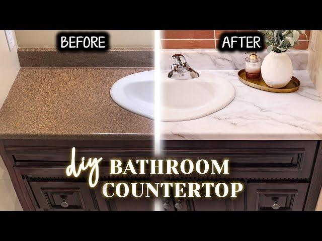 DIY Contact Paper Countertop | realistic marble contact paper on bathroom counter