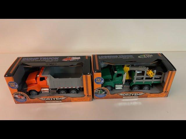 UNBOXING INCREDIBLE TRUCKS for kids SURPRISE at end : DRIVEN Logger truck and Dump truck