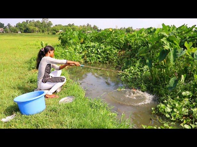 Fishing Video || Village girls like to catch fish using hook || Traditional hook fishing 2024
