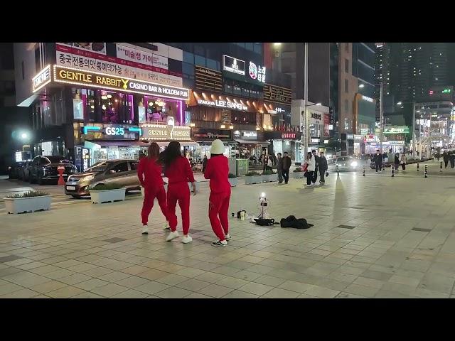 TikTok Girl Dancers in Korean Streets at Night Near Busan