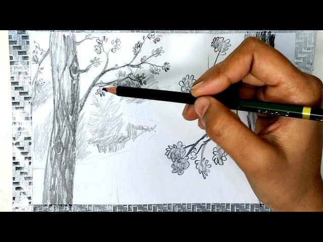 How to Draw Forest | Jungle Scene Drawing Pencil sketch | How to draw Lake in the forest Scenery Art