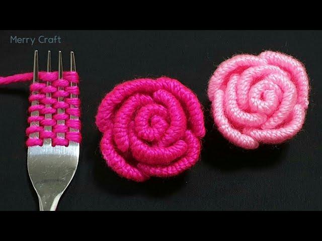 Easy Rose Flower Making Idea with Woolen - Hand Embroidery Amazing Trick - Sewing Hack - Wool Design