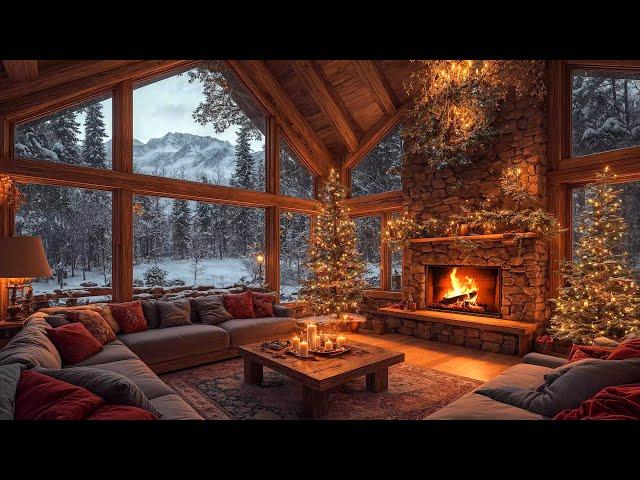 Relaxing Christmas Jazz Instrumental Music & Warm Crackling Fireplace Sound  Cozy Winter Cabin Room