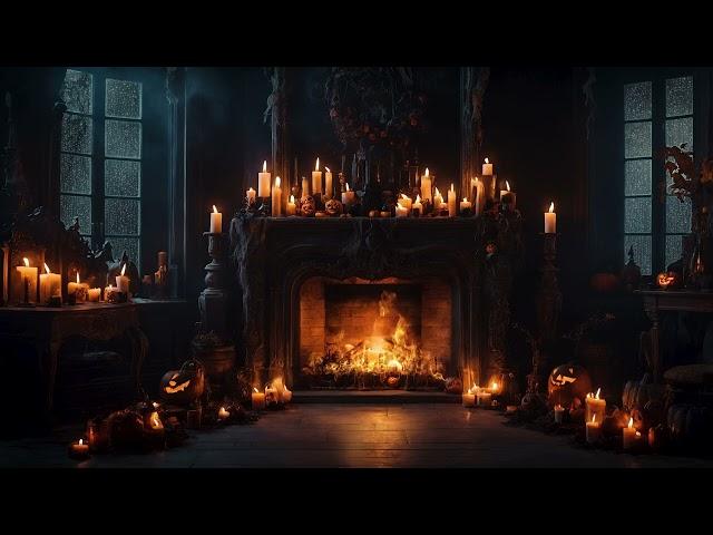 Spooky Halloween Fireplace Ambience |  Stormy Night with Crackling Fire, Haunted Halloween Mansion