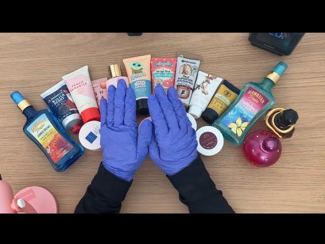 ASMR TRIGGERS. Hand sounds with GLOVES (and lotion). Lid sounds, spray sounds and whisper rambling