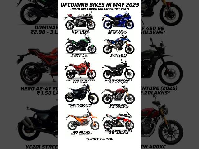 upcoming bikes in may 2025 #bajaj #xmr #yezdi #streetfighter #ktm #cfmoto #dominar400 #yamahar7 #tvs