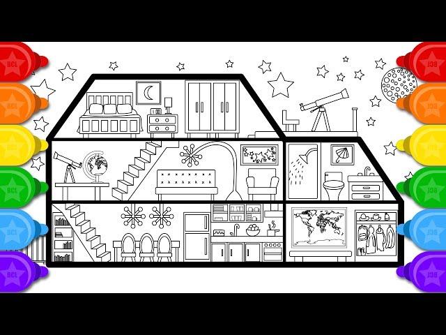 Glitter Telescope House Drawing and Coloring for Kids | How to Draw a House Coloring Page