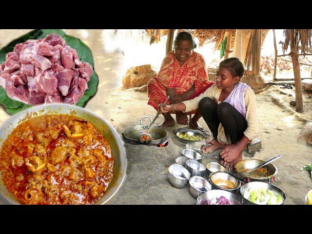 mother&daughter cooking MUTTON CURRY in santali village style||rural India orissa