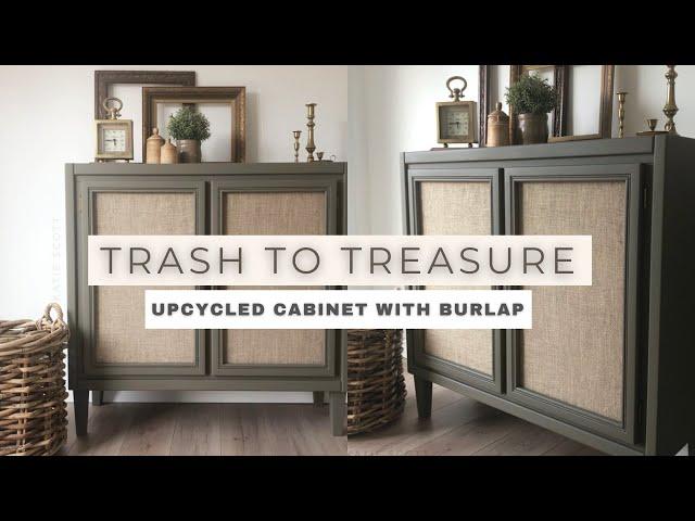 Cabinet Upcycle with BURLAP! | TRASH TO TREASURE | Radio Weave Cane Alternative?