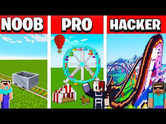Minecraft NOOB Vs HACKER: AMUSEMENT Park Build Challenge!!