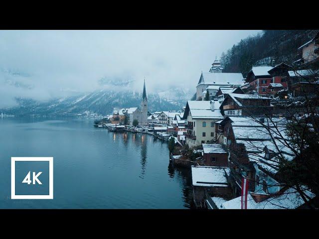 Snowy Scenic Walk in Hallstatt, Austria, Morning Binaural Winter Sounds ️