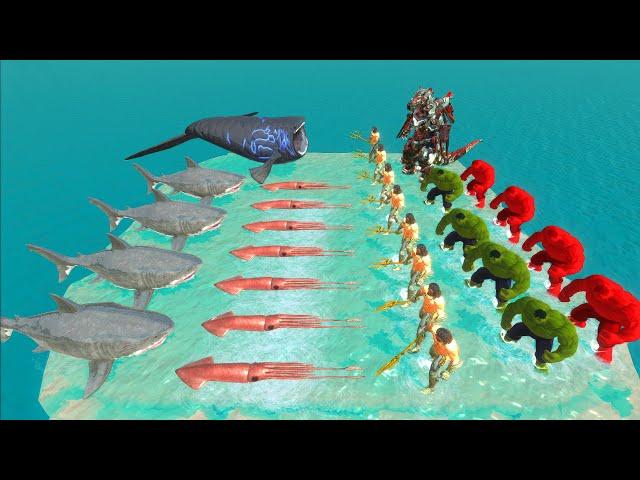 Aquatics Battle - The Bloop Team VS Superhero Team x MechaGodzilla - Animal Revolt Battle Simulator