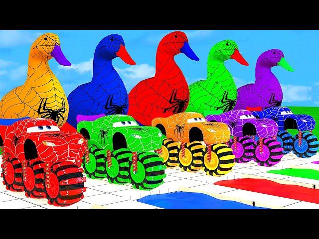 5 giant ducks, with 5 McQueens to overcome challenges, animals and funny transforming cars 2024