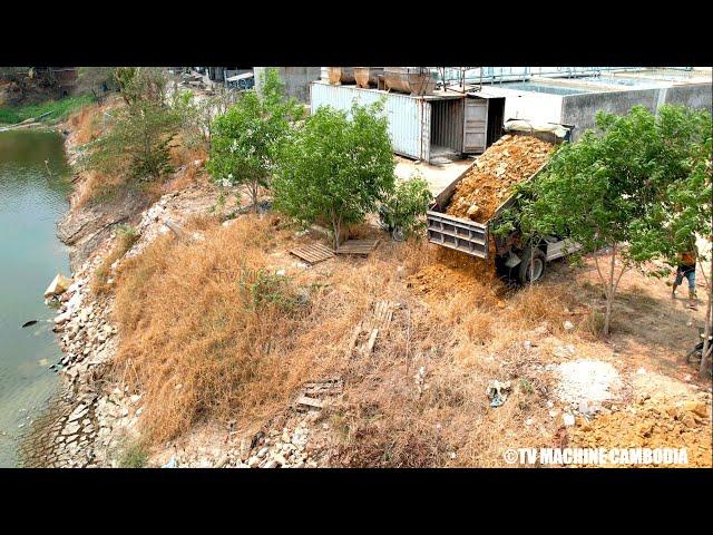 Impassive MITSUBISHI BD2P Bulldozer Pushing On Downhill Ground Into Water And Truck5TON Unloading