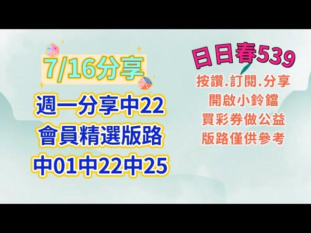 7/16會員中加碼26單支. 精選版路中07 24 26 36（日日春539）（歡迎分享按讚開啟小鈴鐺買彩劵做公益）