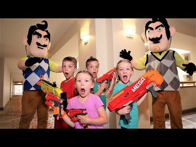 Nerf War: Trinity and Madison Protects Us Against Two Hello Neighbors