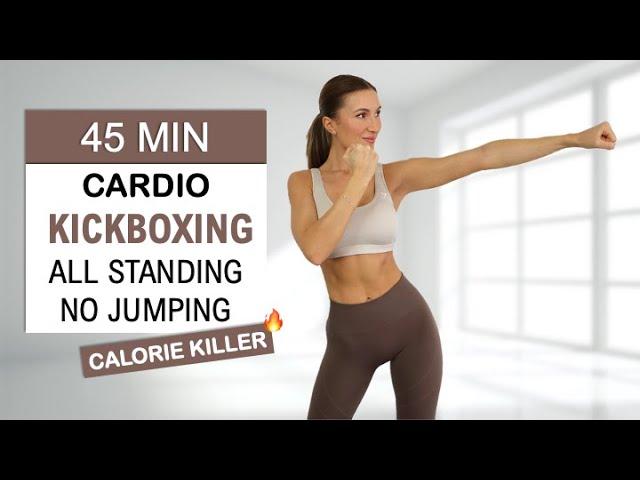 45 Min Cardio Kickboxing - No Jumping, All Standing | High Intense Fat Burn, No Repeat, Home Workout