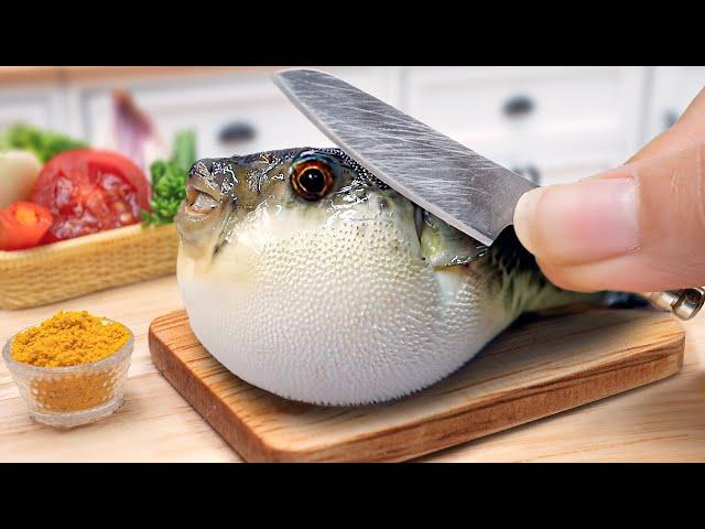 Yummy Miniature Puffer Fish Curry Recipe  Cooking Blow Fish with Rice in Mini Kitchen - ASMR Video