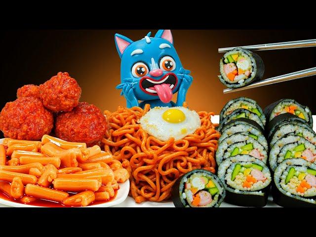 Kimbap, Tteokbokki & Spicy Fried Chicken 김밥, 떡볶이 & 매운 튀긴 닭 먹방 Mukbang Asmr