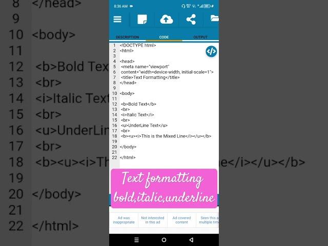 Text formatting bold, italic underline in HTML@ctutorialbynaziasohail