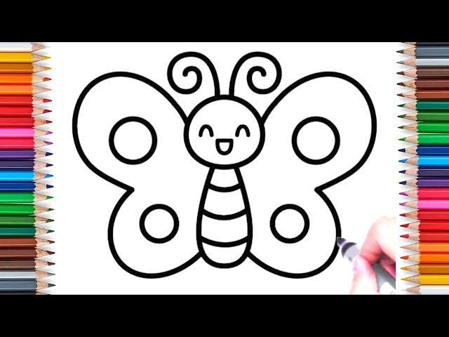 How to draw and color beautiful butterfly, easy drawing for toddlers and kids