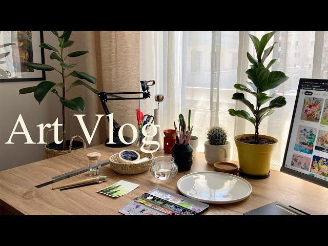 ART VLOGMy relaxing art routine / New brushes, studio makeover and watercolor painting