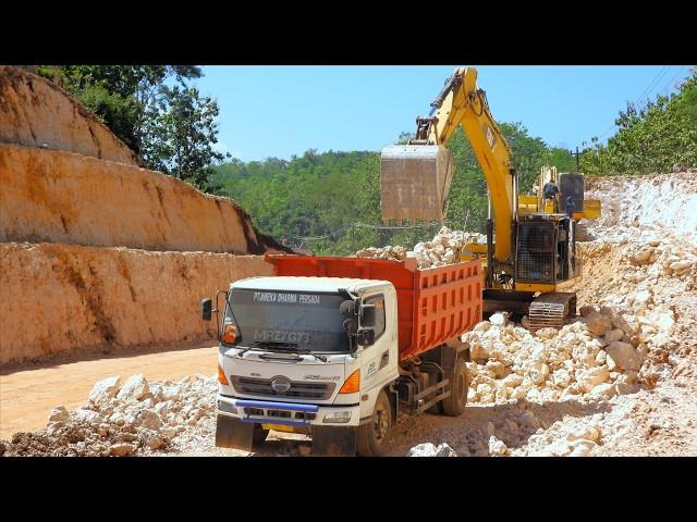 New Road Building Construction Excavator Dump Trucks Excavating Limestone Hills